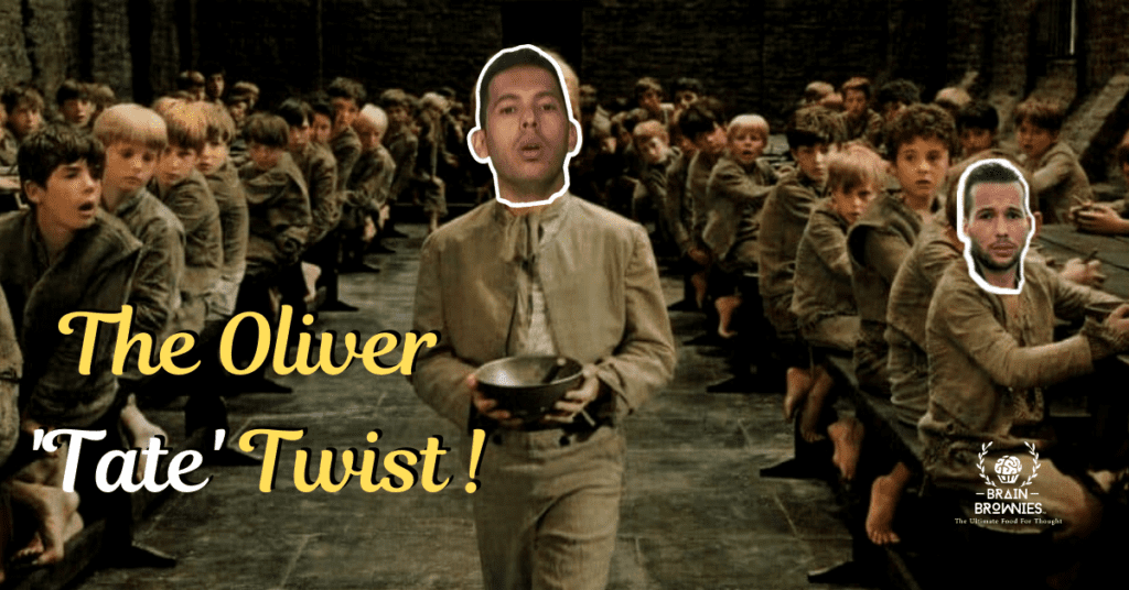Banner showing Andrew Tate as Oliver Twist , a story of rags to riches.